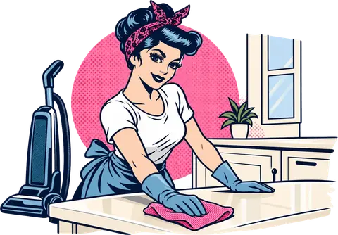Illustrated Graceful Maids cleaner in a pink bandana and blue gloves wiping down a kitchen island