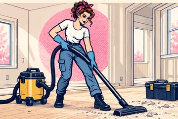 Illustrated cleaner using a shop vacuum in a newly renovated room