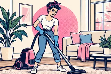 Illustrated cleaner vacuuming a furnished living room